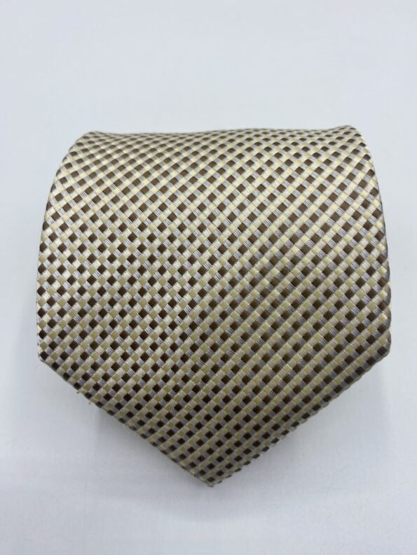 Mens Tie White/Gold/Brown Geometric Pattern