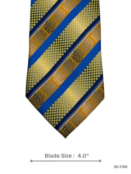 Blue and Gold Striped Tie with Geometric Accents
