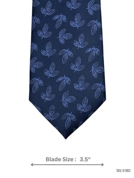 Navy Tie with Blue Leaf Design