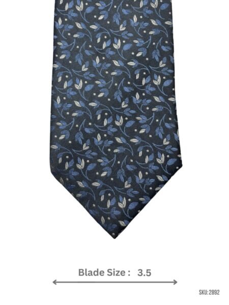 Charcoal Grey Tie with Blue & White Floral Leaf Pattern