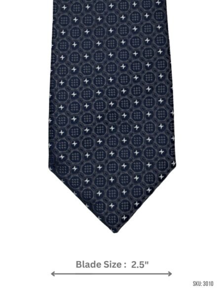 Navy Tie with Grey Medallion Circles and White Pinwheel Motifs