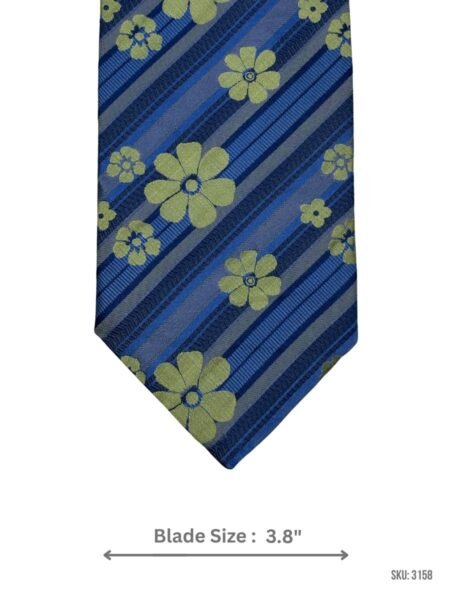Blue Tie with Navy Blue Diagonal Stripes and Lime Green Floral Pattern