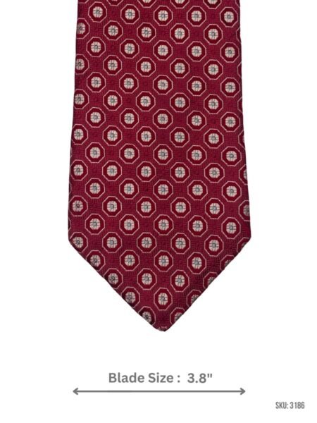 Burgundy Tie with White and Light Blue Geometric Medallion Pattern