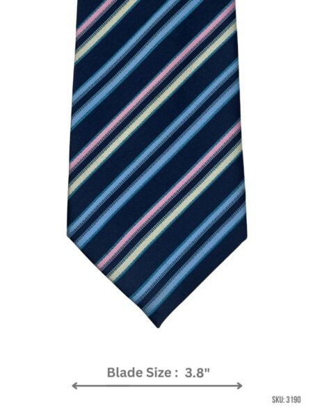 Navy Blue Tie with Light Blue, Pink and Pale Yellow Diagonal Stripes