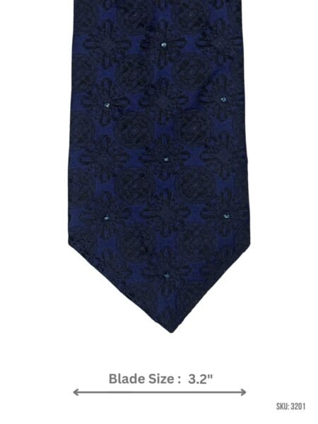 Navy Blue Tie with Black Paisley Floral Jacquard and Teal Pearls