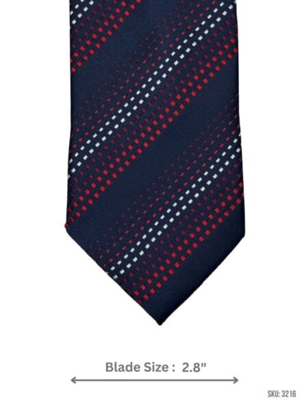 Navy Blue Tie with Red and White Diagonal Dot Grid Stripe Pattern