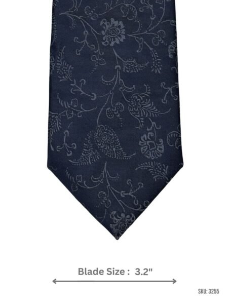 Navy Blue Tie with Gray Floral Vine Scroll Pattern