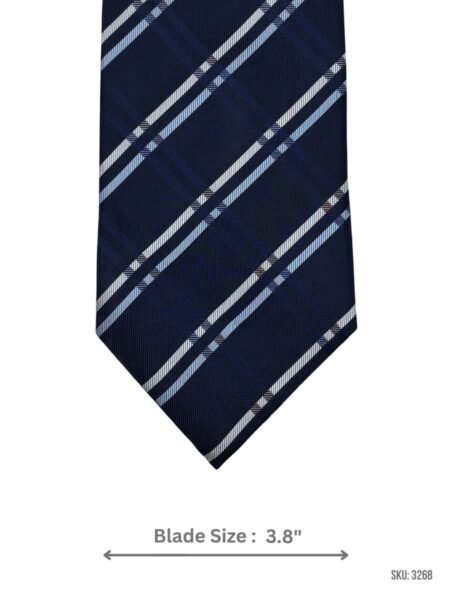 Navy Blue Tie with White, Light Blue and Beige Diagonal Plaid Stripe Pattern