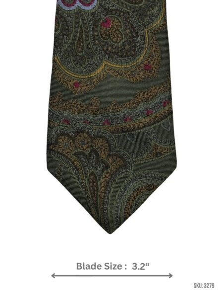 Olive Green Tie with Gold, Gray and Burgundy Paisley Pattern