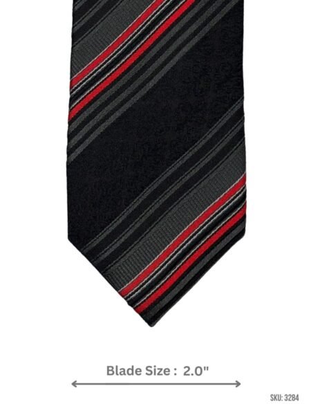 Black Skinny Tie with Red, Silver & Charcoal Racing Stripe Design