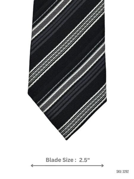 Jet Black Tie with Silver, White & Charcoal Multi-Stripe Pattern