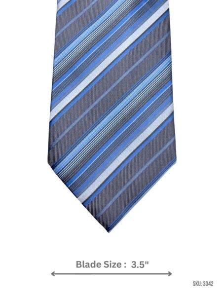 Grey Tie with Blue, White & Silver Diagonal Stripes