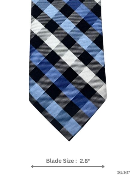 Black Tie with Light Blue, Royal Blue, Grey & White Plaid Check Pattern