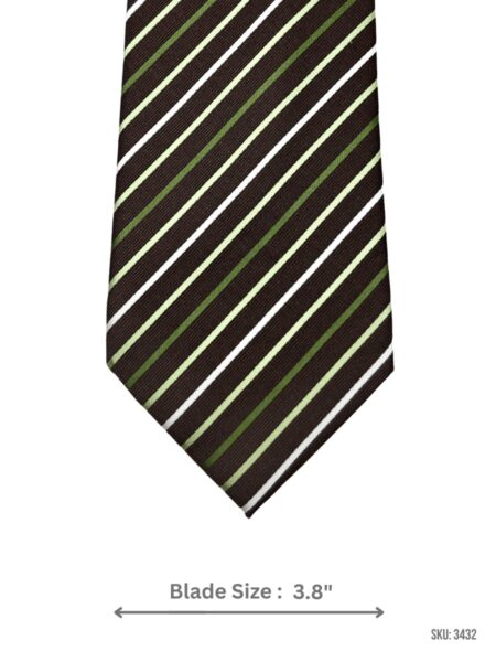 Dark Brown Tie with Light Green, Olive Green & White Diagonal Stripe Pattern