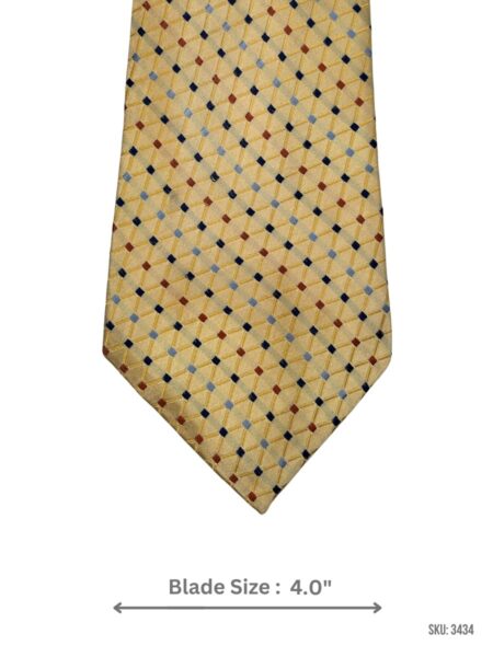 Yellow Tie with Navy Blue, Light Blue & Rust Orange Diamond Grid Pattern