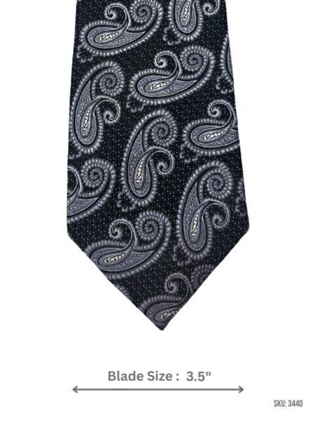 Black Tie with Grey Paisley and Small White Dot Pattern