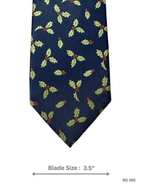 Dark Navy Tie with Green Holly Leaves and Red Berry Pattern