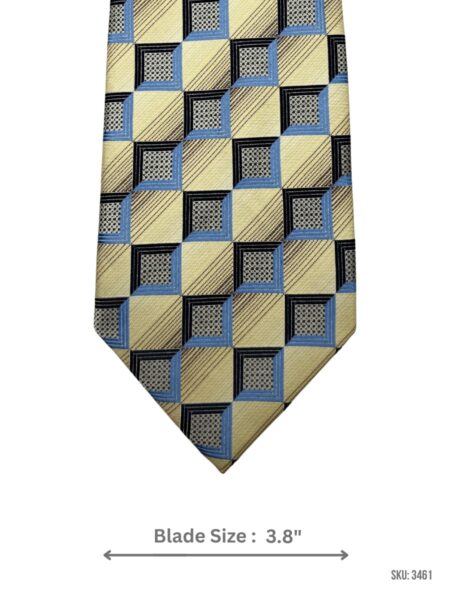 Pale Yellow Tie with Light Blue, Black & Grey 3D Square Geometric Pattern