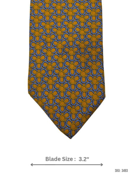 Mustard Yellow Tie with Light Blue and Navy Floral Motif Pattern - Soft Silk