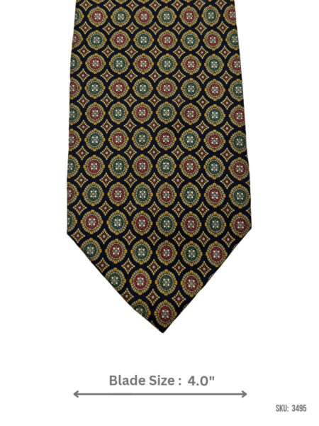 Navy Blue Tie with Golden Yellow, Red & Green Geometric Medallion Pattern - Soft Silk