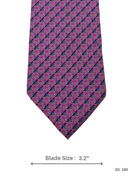 Pink Tie with Navy Blue Crossed Diagonal and Silver Loop Motif Pattern - Soft Silk
