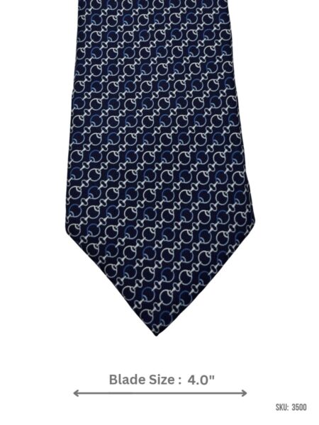 Navy Blue Tie with Light Blue and Silver Diagonal Chain Link Pattern - Soft Silk