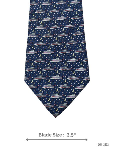 Navy Blue Tie with Light Blue & Red Boat, Crescent Moon and Star Motif Pattern - Soft Silk