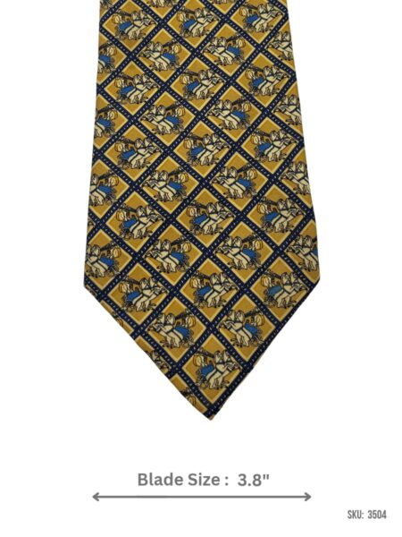 Golden Yellow Tie with Navy Blue Diamond Grid and Horse-Drawn Carriage Pattern - Soft Silk