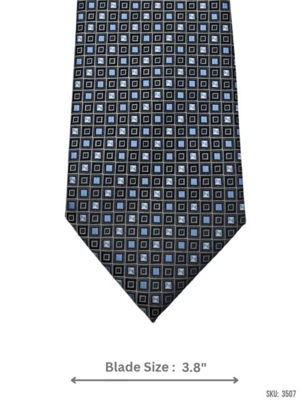 Black Tie with Light Blue and Silver Geometric Square Grid Pattern
