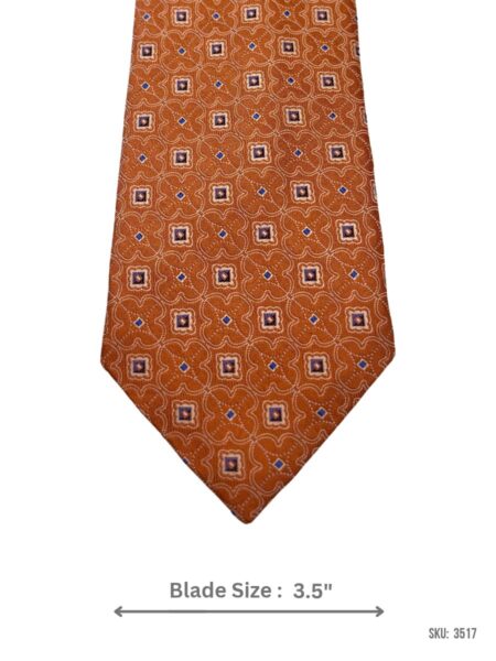 Burnt Orange Tie with Cream Lattice and Blue Geometric Diamond Motif Pattern