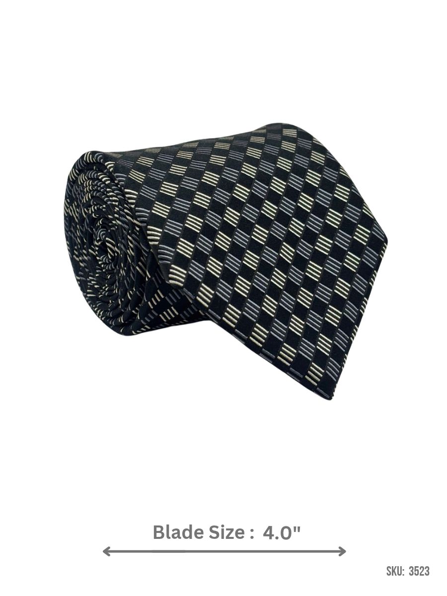 3523-1 Black Tie with White and Grey Geometric Dash Check Pattern – view 2
