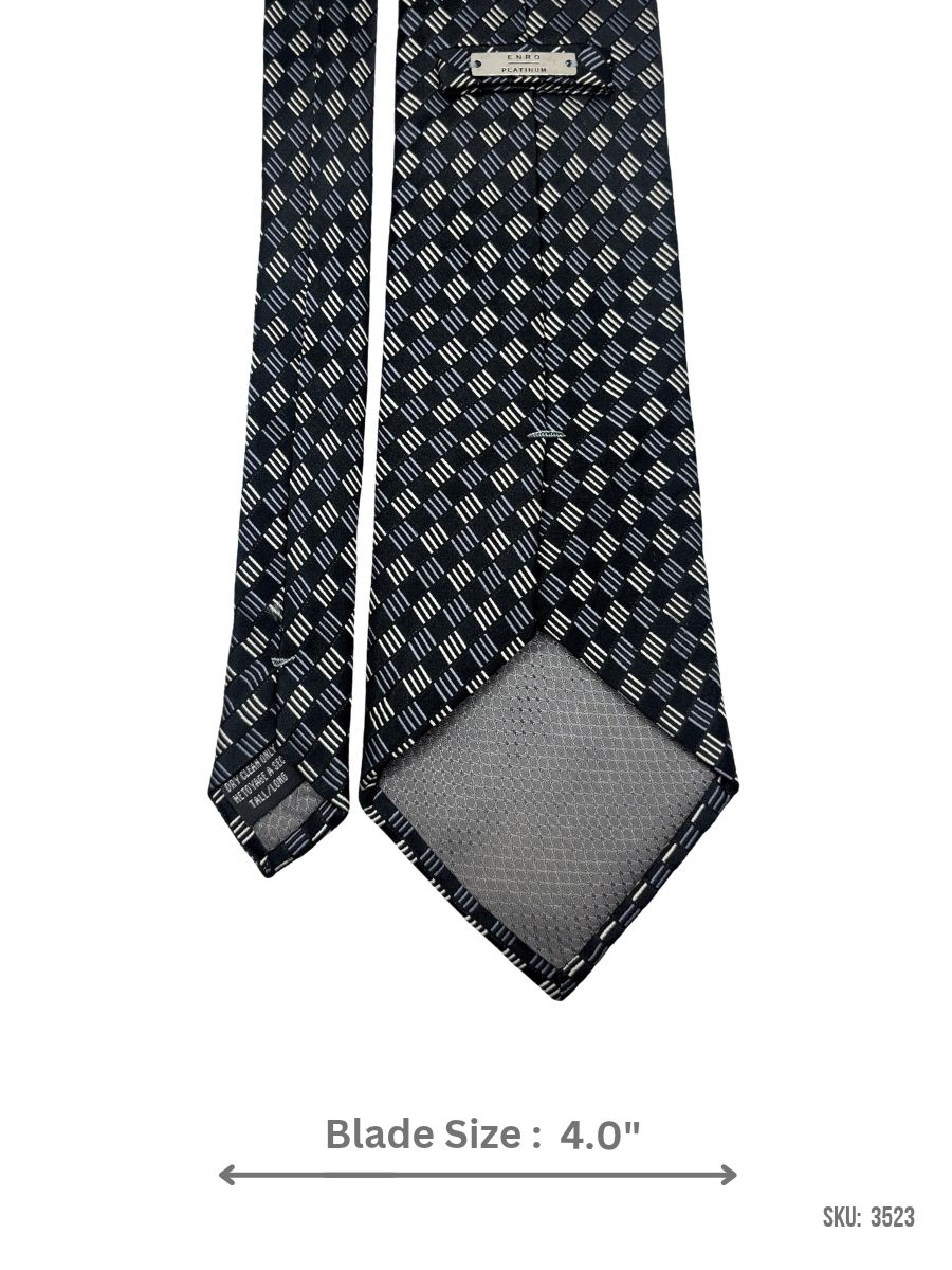 3523-2 Black Tie with White and Grey Geometric Dash Check Pattern – view 3