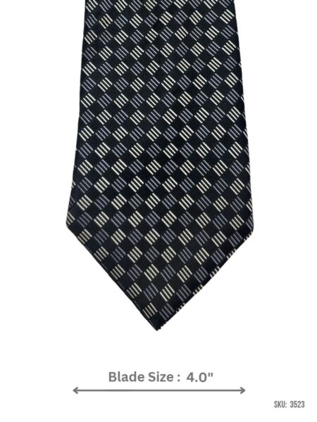 Black Tie with White and Grey Geometric Dash Check Pattern