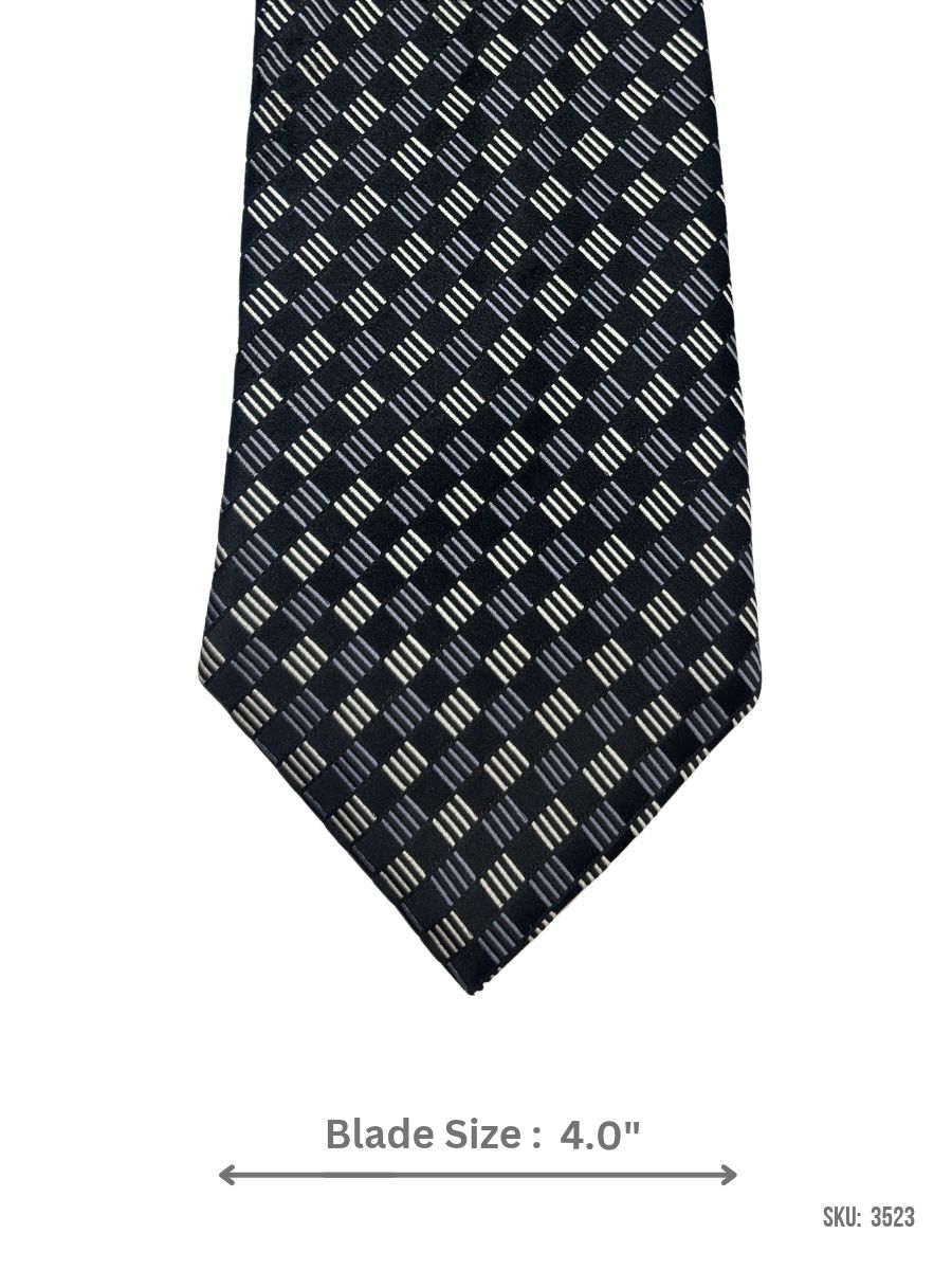 3523 Black Tie with White and Grey Geometric Dash Check Pattern
