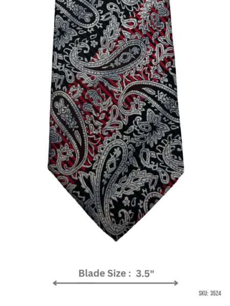 Black Tie with Silver Paisley and Red Diagonal Accent Pattern