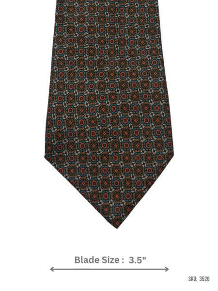 Olive Brown Tie with Teal Blue and Rust Orange Geometric Medallion Pattern