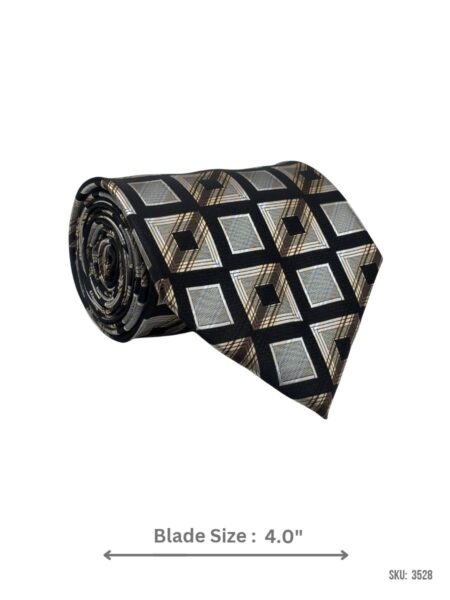 Black Tie with Cream, Grey and Beige Geometric Square Pattern