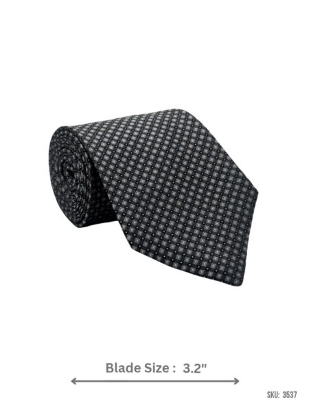 Black tie with silver grey diamond check and white micro dot pattern – rolled view