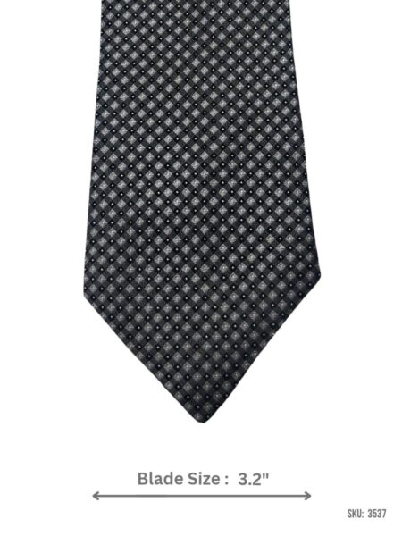 Black tie with silver grey diamond check and white micro dot pattern – front blade view