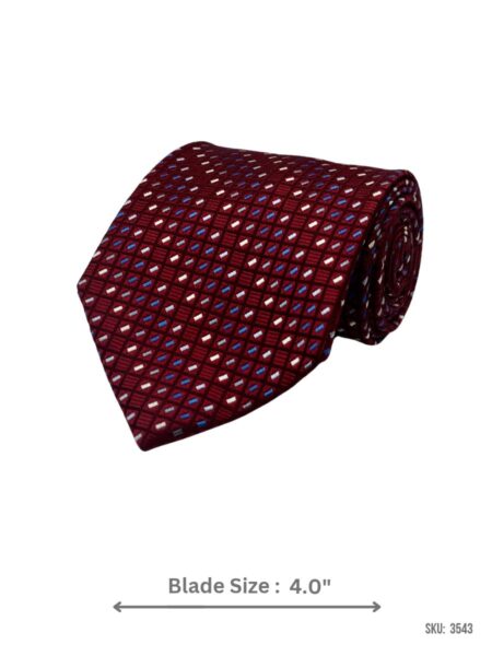 Burgundy silk tie with blue, white and grey mini square grid pattern – rolled view