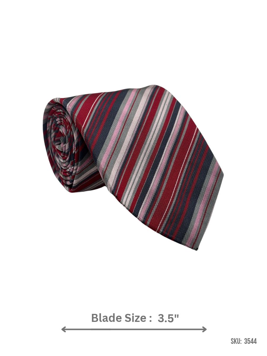3544-1 Red silk tie with navy, grey and pink multi stripe pattern – rolled view