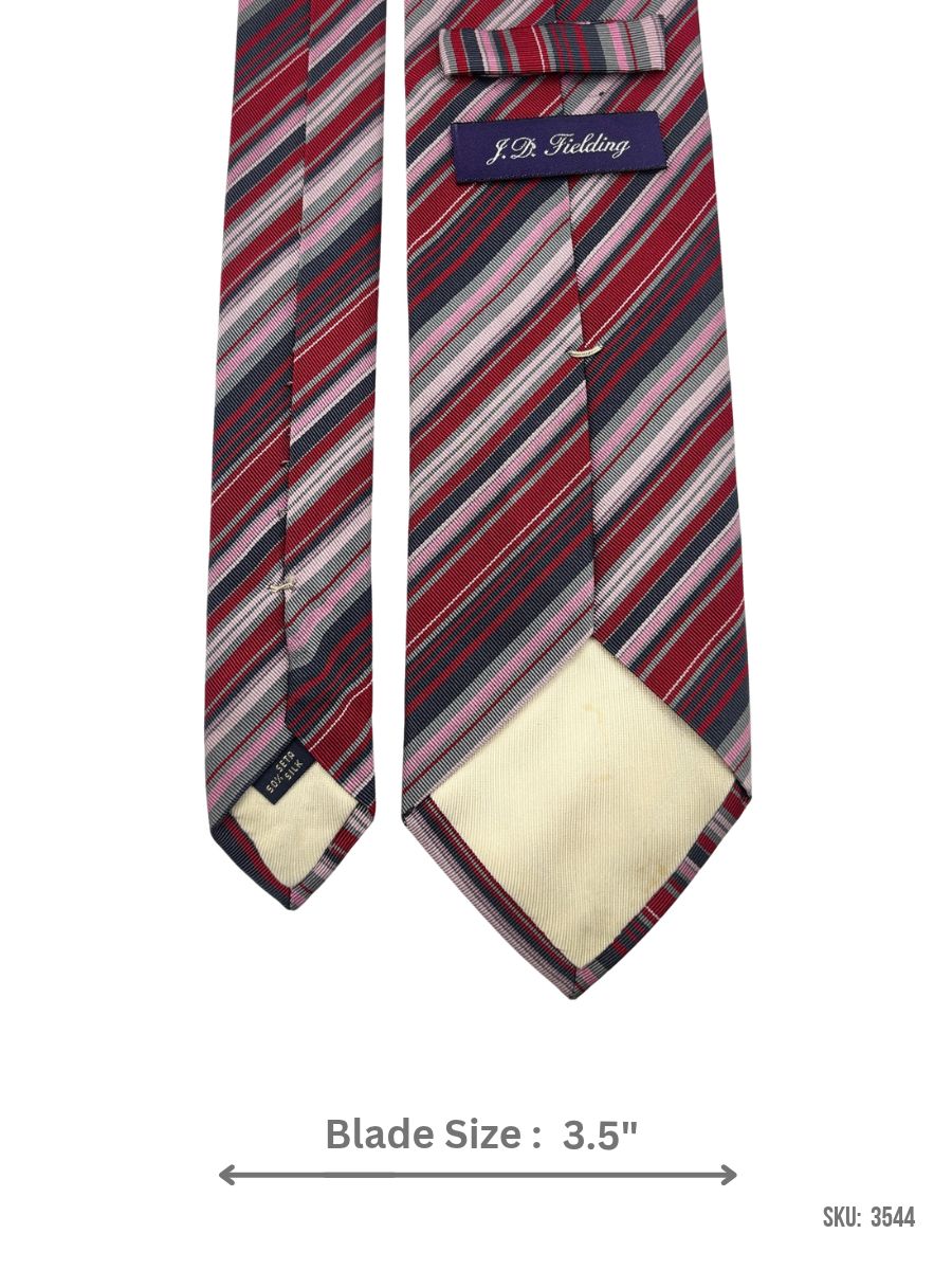3544-2 Red silk tie with navy, grey and pink multi stripe pattern – back view showing label
