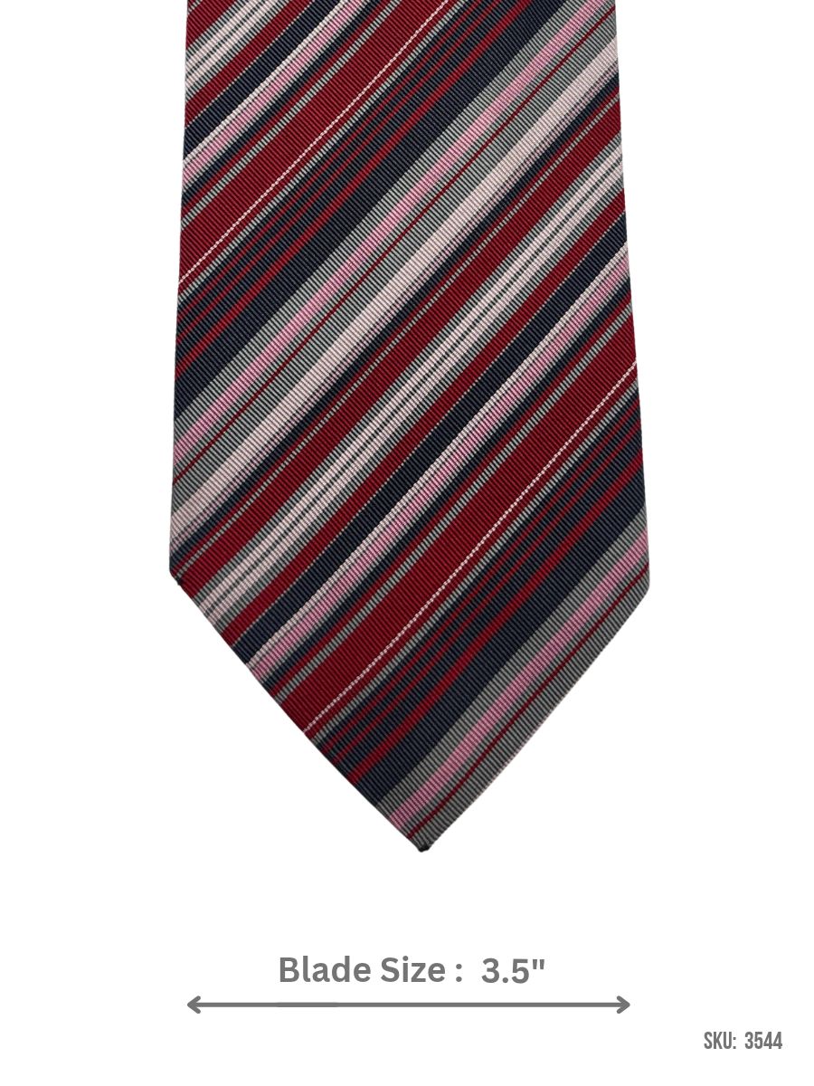 3544 Red silk tie with navy, grey and pink multi stripe pattern – front blade view