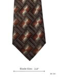 Brown silk tie with rust orange, cream and grey geometric diamond pattern – front blade view