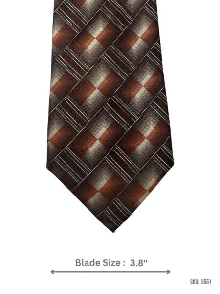 Brown silk tie with rust orange, cream and grey geometric diamond pattern – front blade view