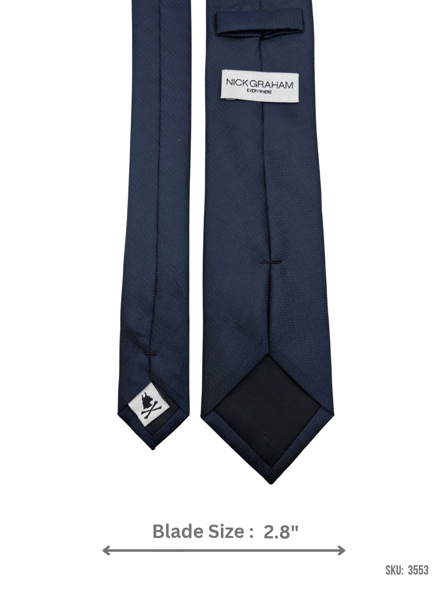 3553-2 Navy blue herringbone textured solid tie – back view showing label