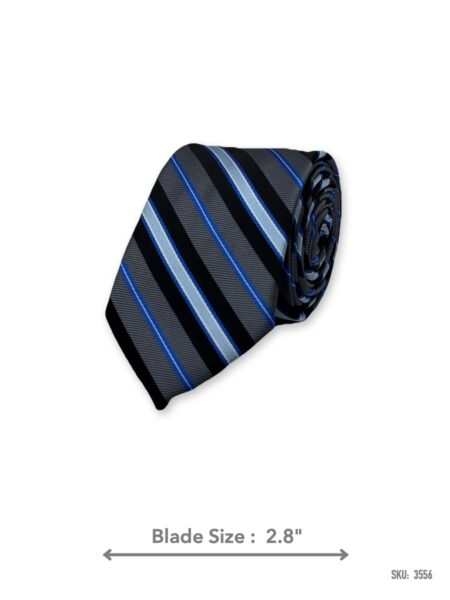 Black and grey tie with royal blue and light blue stripes – rolled view
