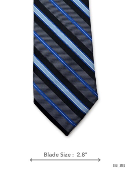 Black and grey tie with royal blue and light blue stripes – front blade view