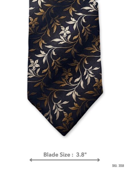 Navy blue tie with gold and cream floral vine pattern – front blade view
