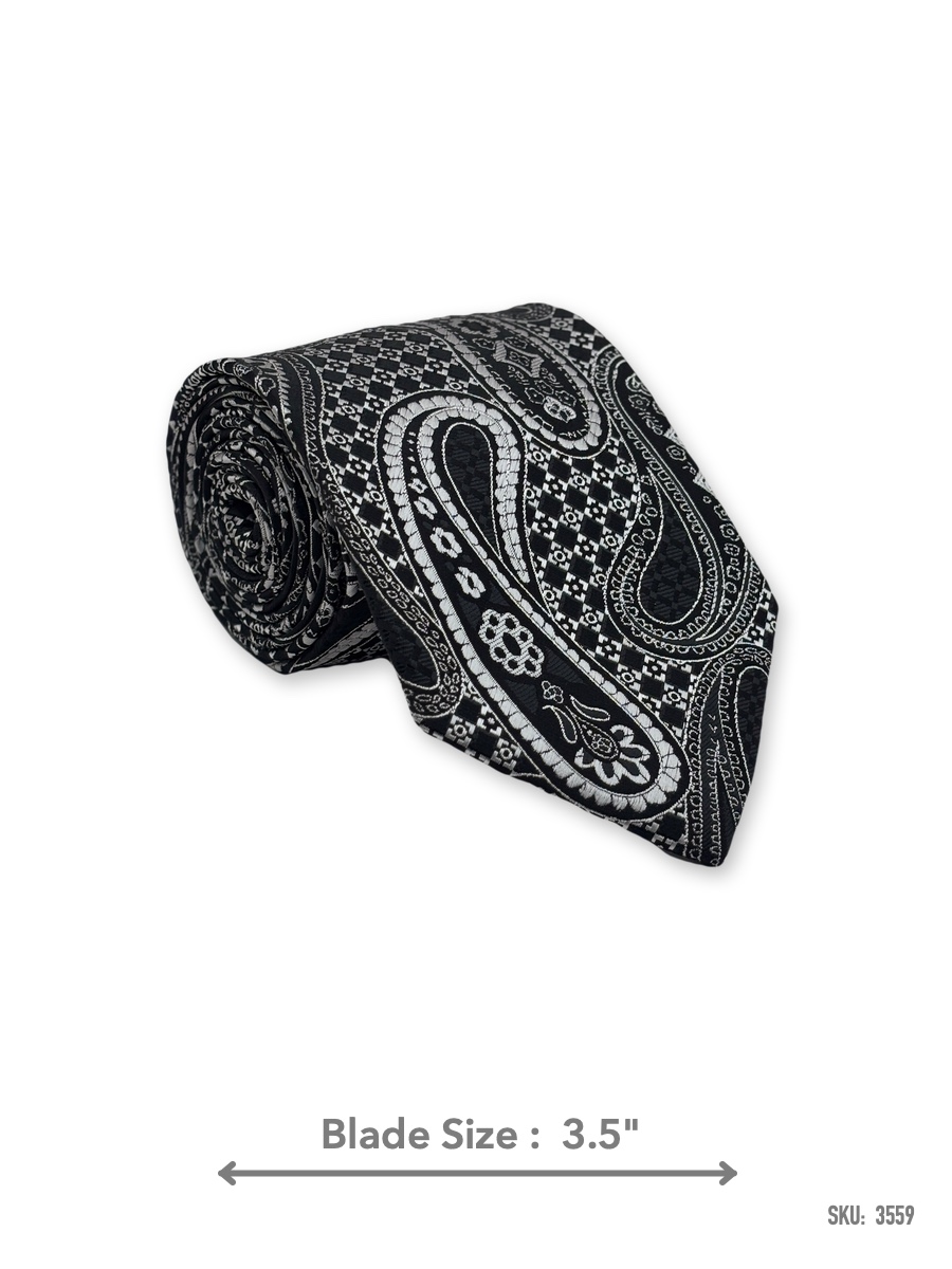 3559-1 Black tie with white and grey paisley pattern – rolled view